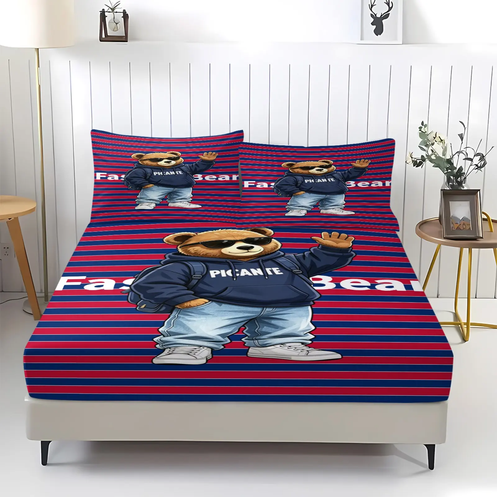 Trendy teddy bear printed pattern bed sheet, including 1 bed sheet and 2 pillowcases, anti slip dust cover suitable for bedrooms and guest rooms, suitable for personal use or gift giving