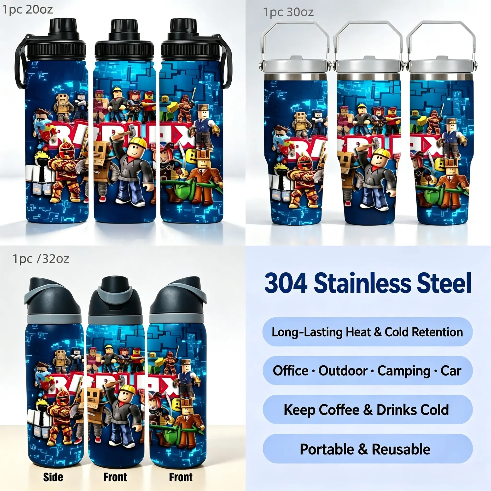 1pc Roblox Print 304 Stainless Steel Water Cup, 20oz/30oz/32oz, Large Capacity, Insulated, Portable, Reusable, Car Camping Office Game Coffee Mug