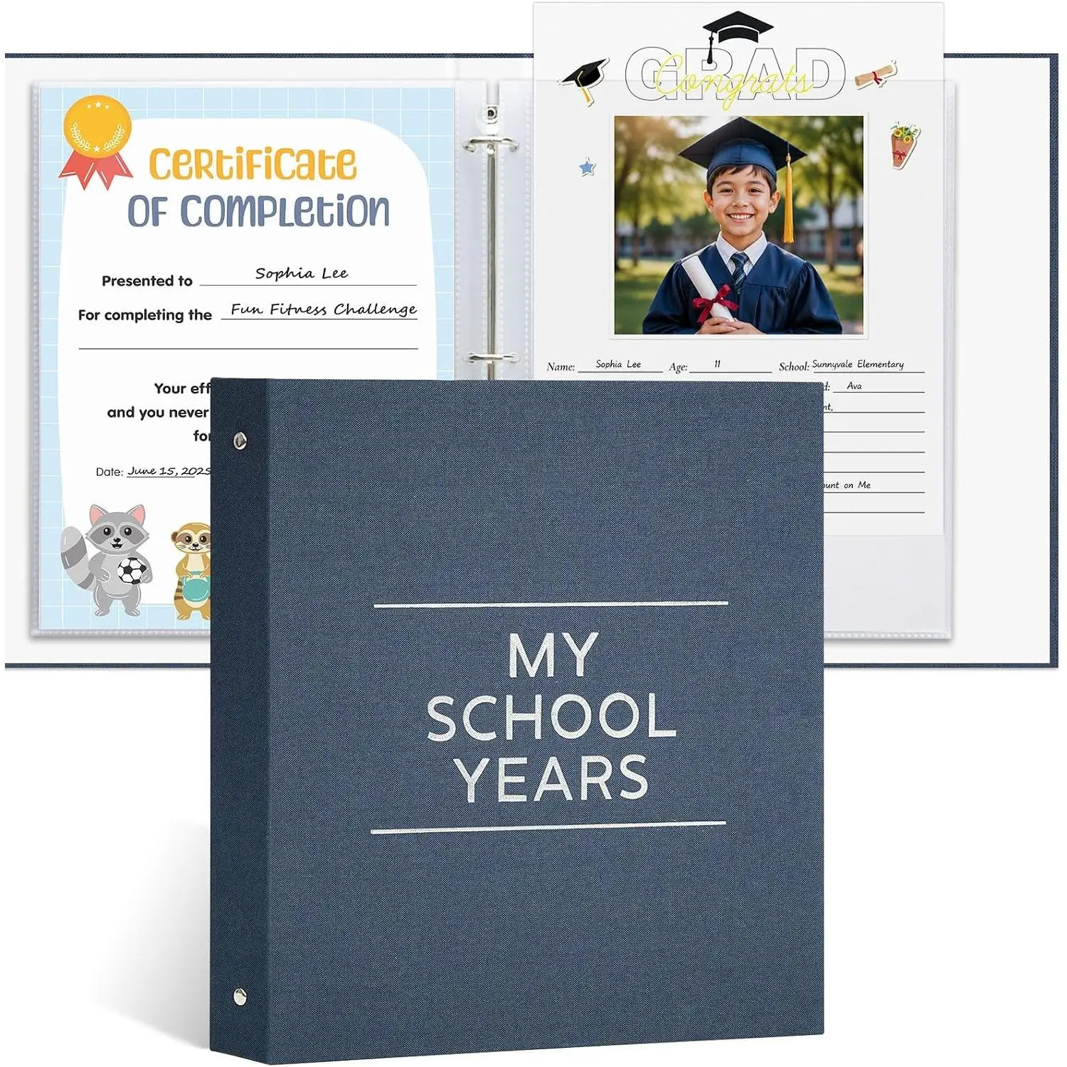School Memory Book  to 12, 8.5x11 Inch 3 Ring Binder Scrapbook for , Linen Cover Photo Album School   with 31 Plastic Sleeves, Blank Pages, Stickers & Markers, Gray Blue