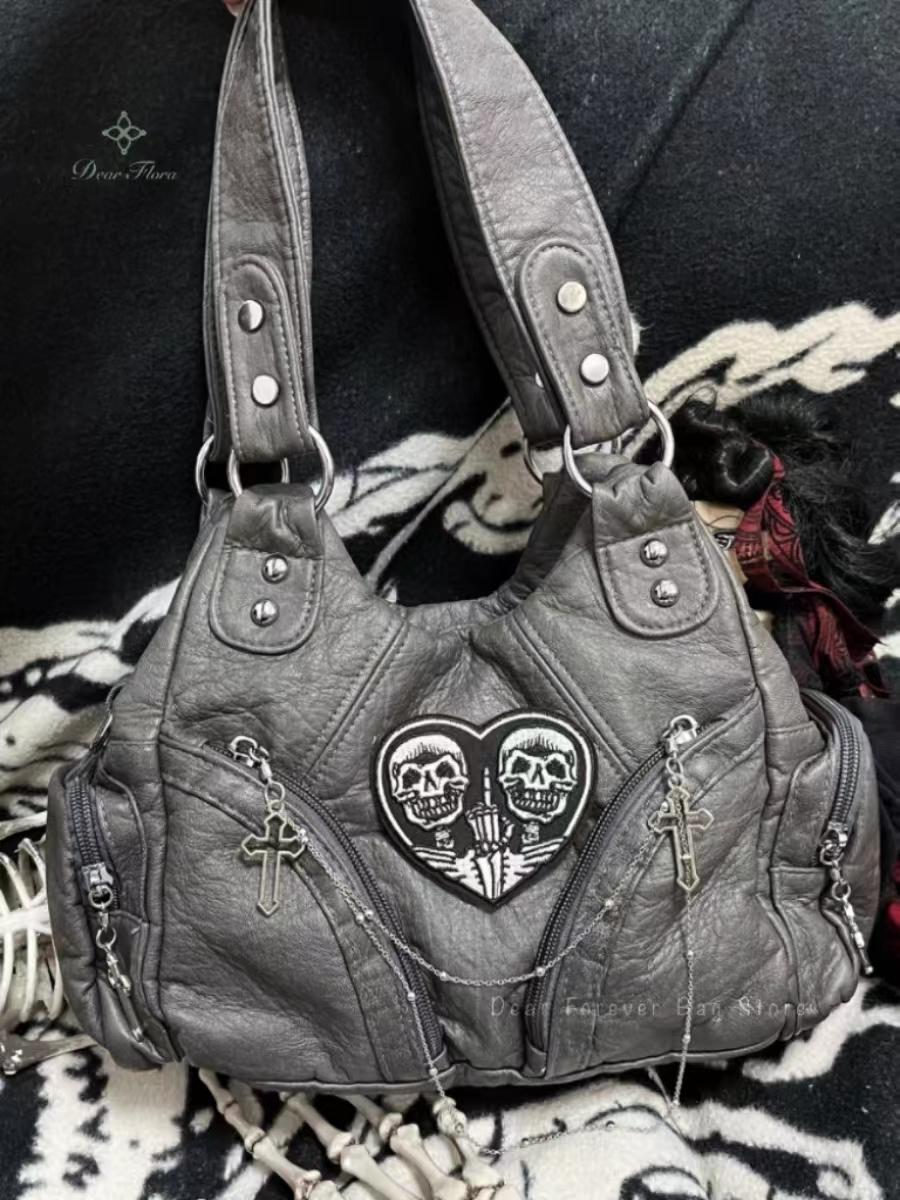 Women's Y2K Vintage Motorcycle Shoulder Bag Fashion Soft PU Chains Multiple Pockets Tote Bags Moto Style Messenger Crossbody Bag