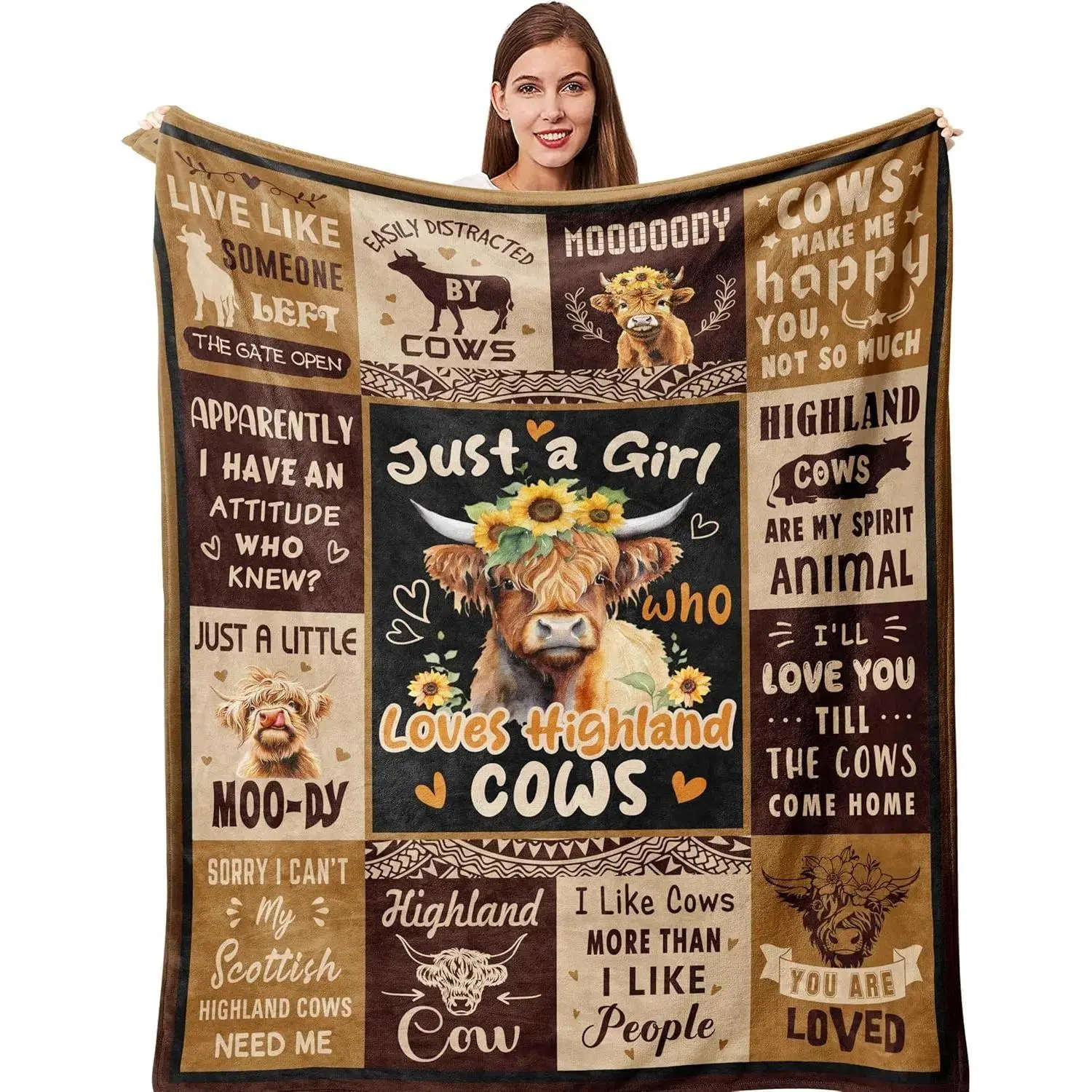 Just A Girl Who Loves Highland Cows Flannel Throw Blanket Funny Patchwork Highland Cow Print Soft Fleece Blankets Bedding Bed Accessories Comforter Set Duvet Bed Sheets All Season Cozy Warm Sofa Bed Home Decor Birthday Holiday Gift for Highland Cow Lovers