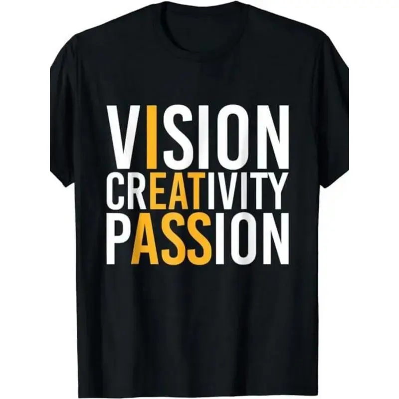 Men's Classic Graphic Print T-Shirt, Vision Creativity Passion Streetwear Top in 100% Cotton, Casual Menswear with Round Neck