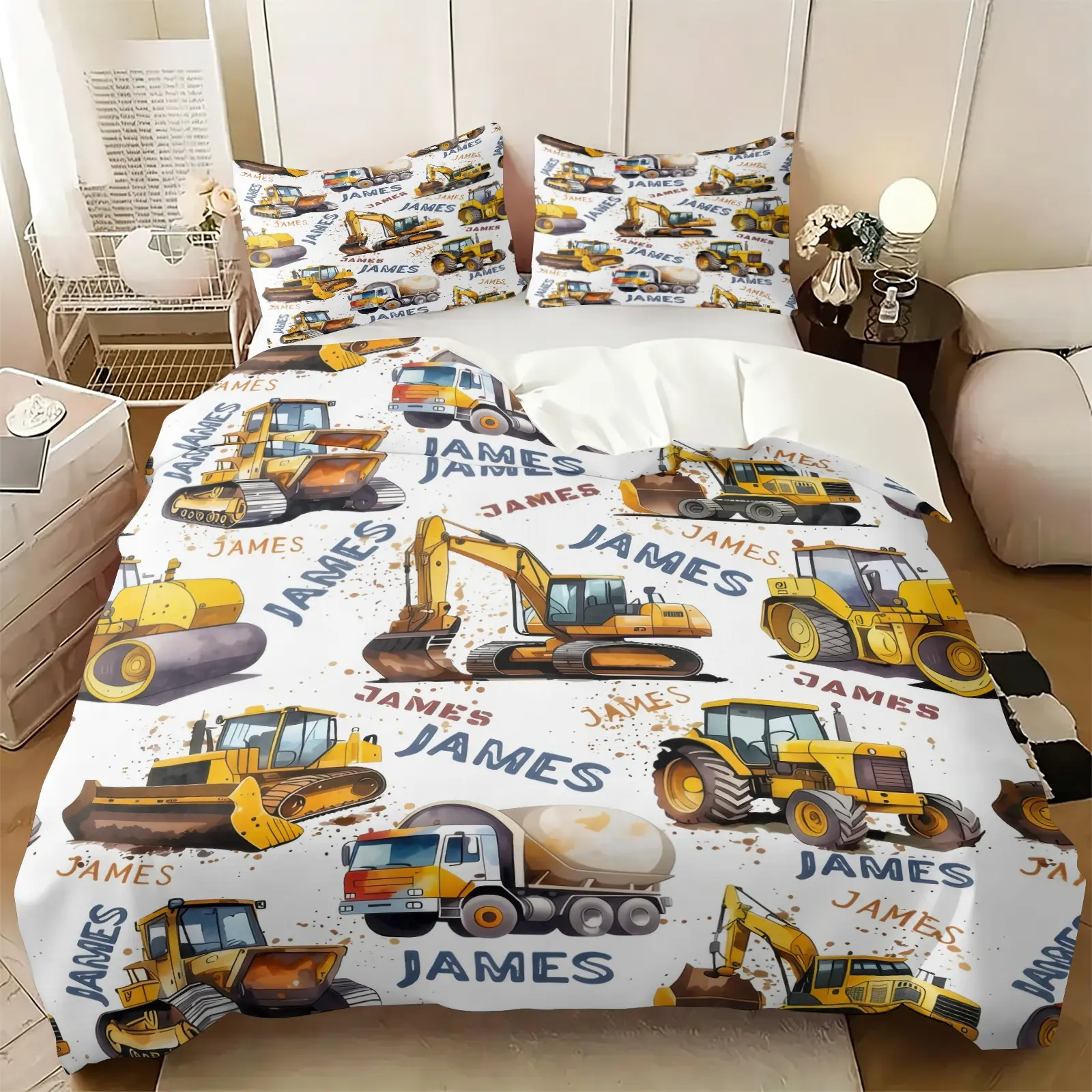 Cute Kid-Friendly Custom Name Construction Truck Print Duvet Cover Set, Includes 1 or 2 Pillowcases, Watercolor Boys Vehicle Bedding All Size, Soft Anti-Pilling Fabric Bed Set, Boys Bedroom Decor, Personalized Kid Gift