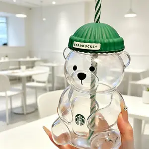 Bearista Bear Glass Tumbler, 591ml Limited Edition Collectible Green Cup, Reusable Set with Lid and Straw for Gifting