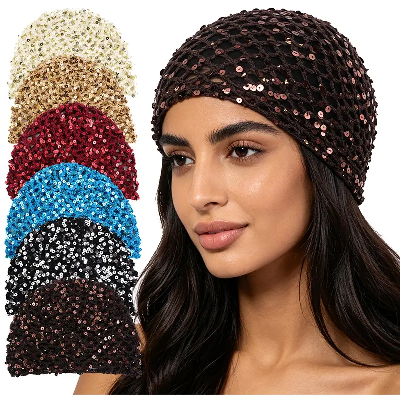 Viral Coffee Brown Sequin Mesh Turban Beanie Cap Sparkly Crochet Netted Bonnet Full Hair Coverage Women Church Evening Party Festival Glam Headwrap