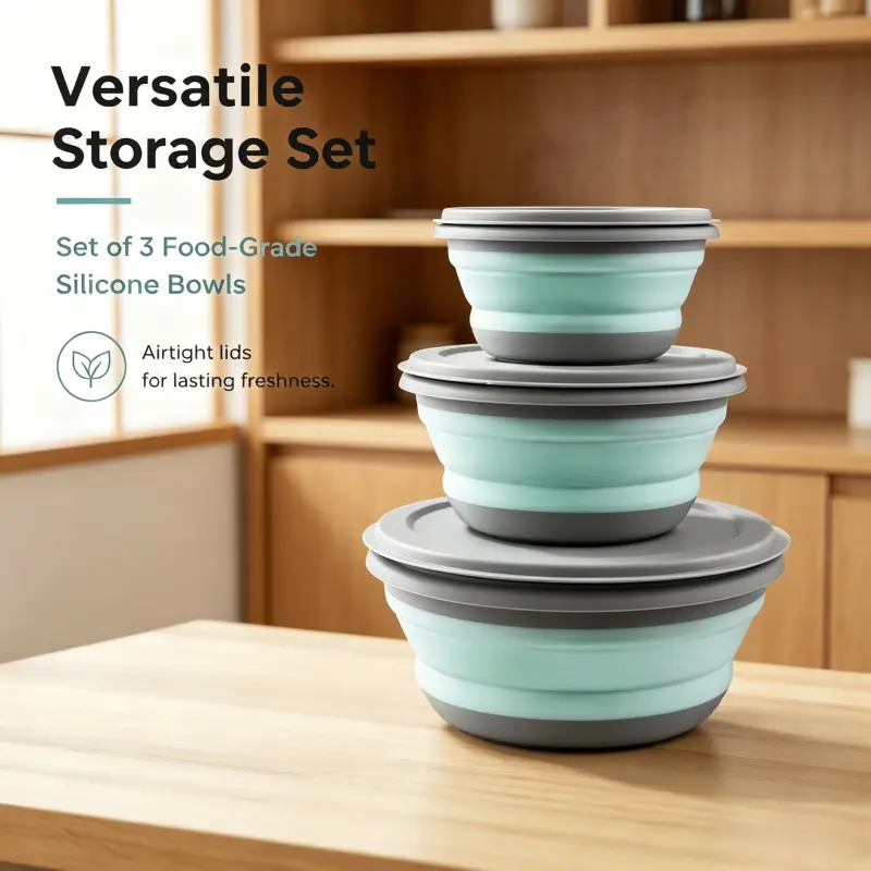 Multi Purpose Foldable Silicone Bowl Set 3 Sizes With Matching Airtight Lids Collapsible Food Storage For Home Outdoor Picnic