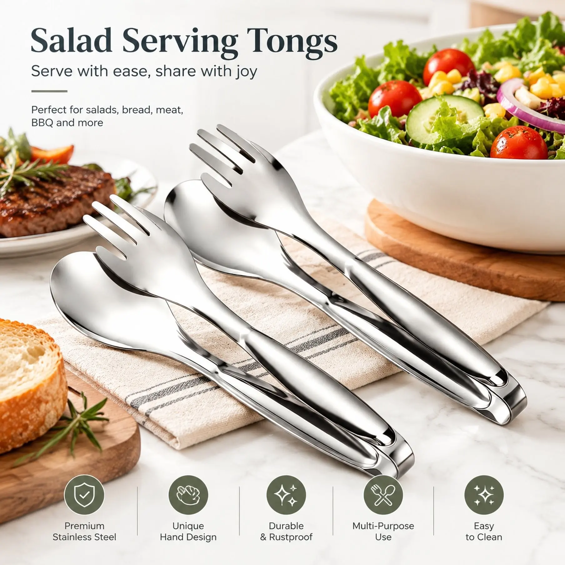 2pc Stainless Steel Salad Serving Tongue Divider, Bread BBQ Food Clip, Cooking Tool, Steak Bun Clip, Five Finger Clip, Suitable for Home Restaurant
