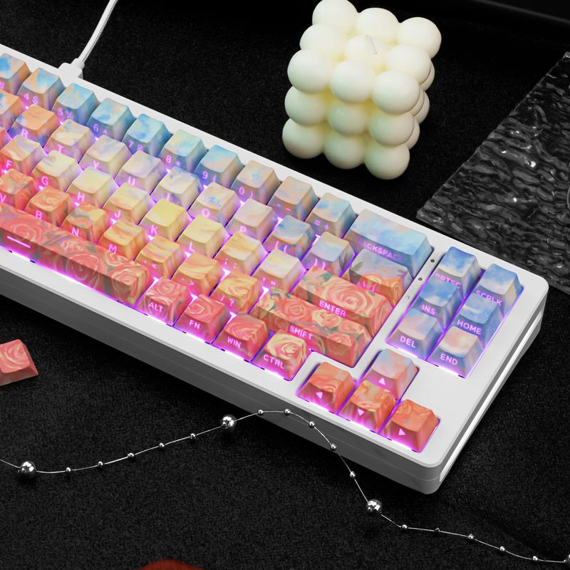 Rose Coast Gradient Oil Painting Style PBT Keycaps Compatible with 61/64/87/104/108 Cherry Switches Side-Engraved Transparent Keycaps Five-Sided Dye-Sublimation Custom Mechanical Keycaps Wear-Resistant Non-Transparent