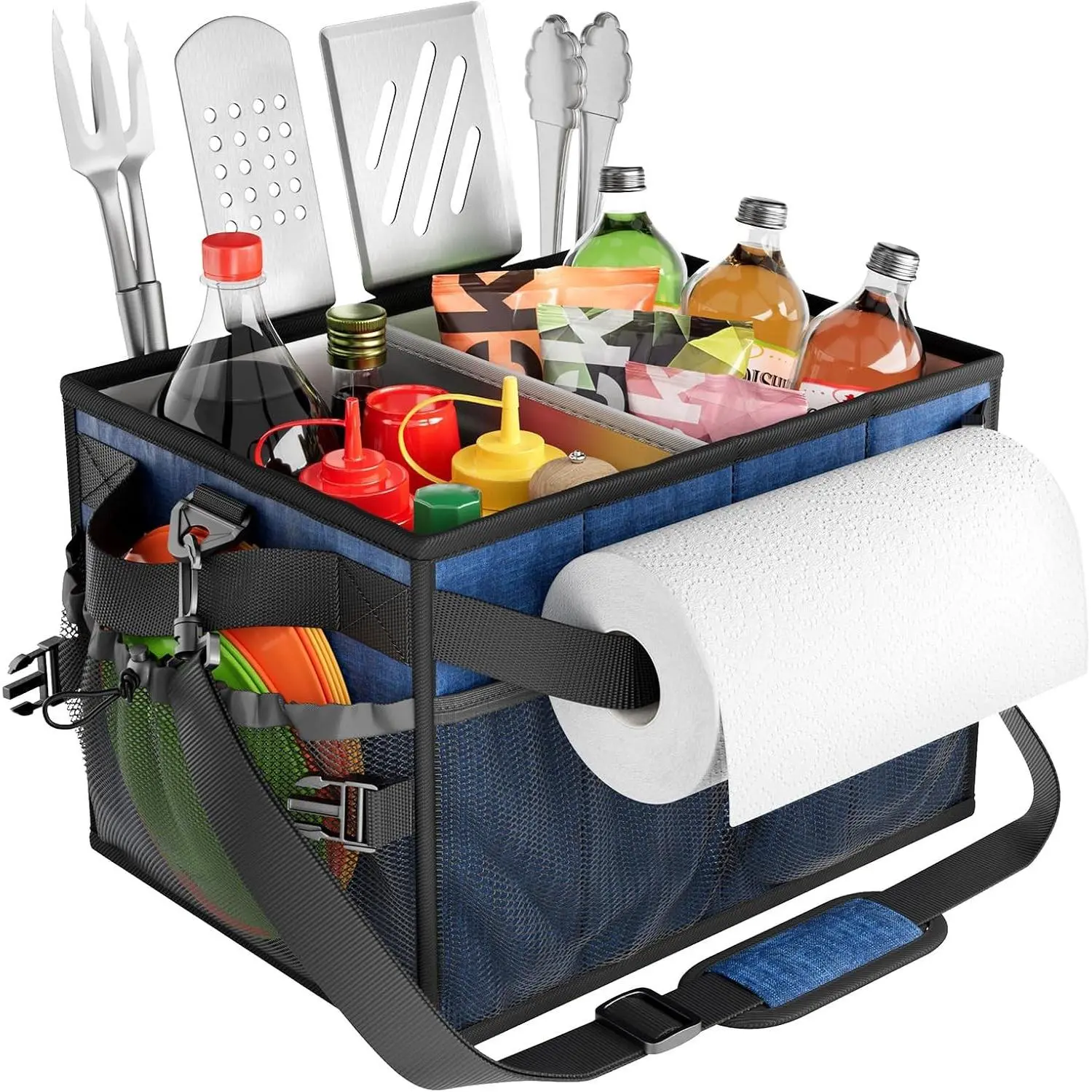 Large Grill and Picnic Caddy with Paper Towel Holder, BBQ Organizer for Utensils, Plates, Condiments, Collapsible & Easy-Carry Griddle Caddy, Must-Haves for Outdoor, Camper, Travel, Car, RV