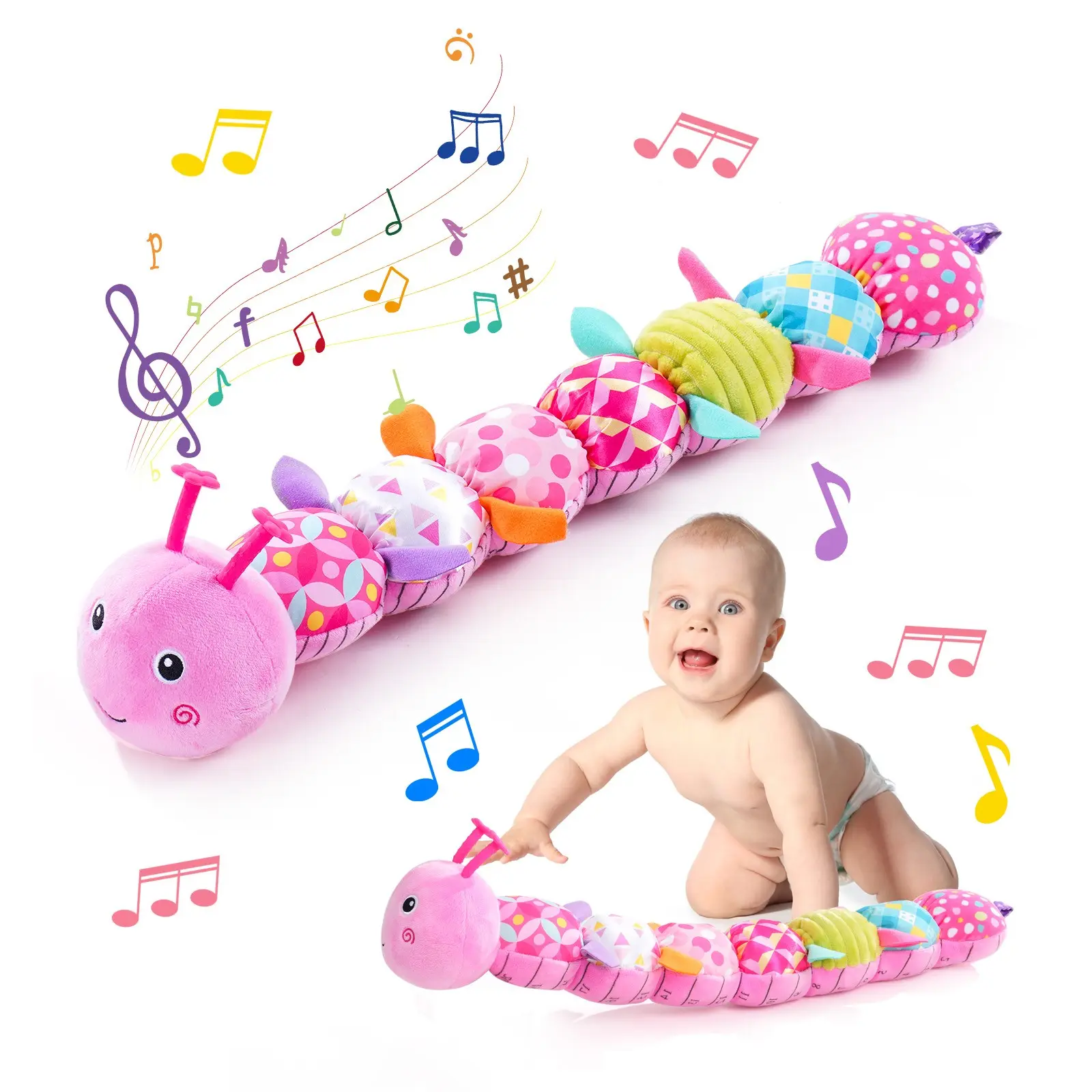 Baby Sensory Toys 0-6 Months Music Animal Stuffed Plush Caterpillar Toy for Infant 0-3-6-12 Month Old Tummy Time with Mirror Crinkle Rattle Toys for Newborn Boys Girls Shower Birthday Gifts