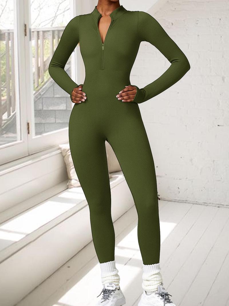 Women's Solid Zip Up Stand Collar Sports Jumpsuit, Fitness Long Sleeve Seamless Jumpsuit for Yoga Gym Workout, Holiday Outfits, Ladies' Sport Clothes Clothing, Tummy Control