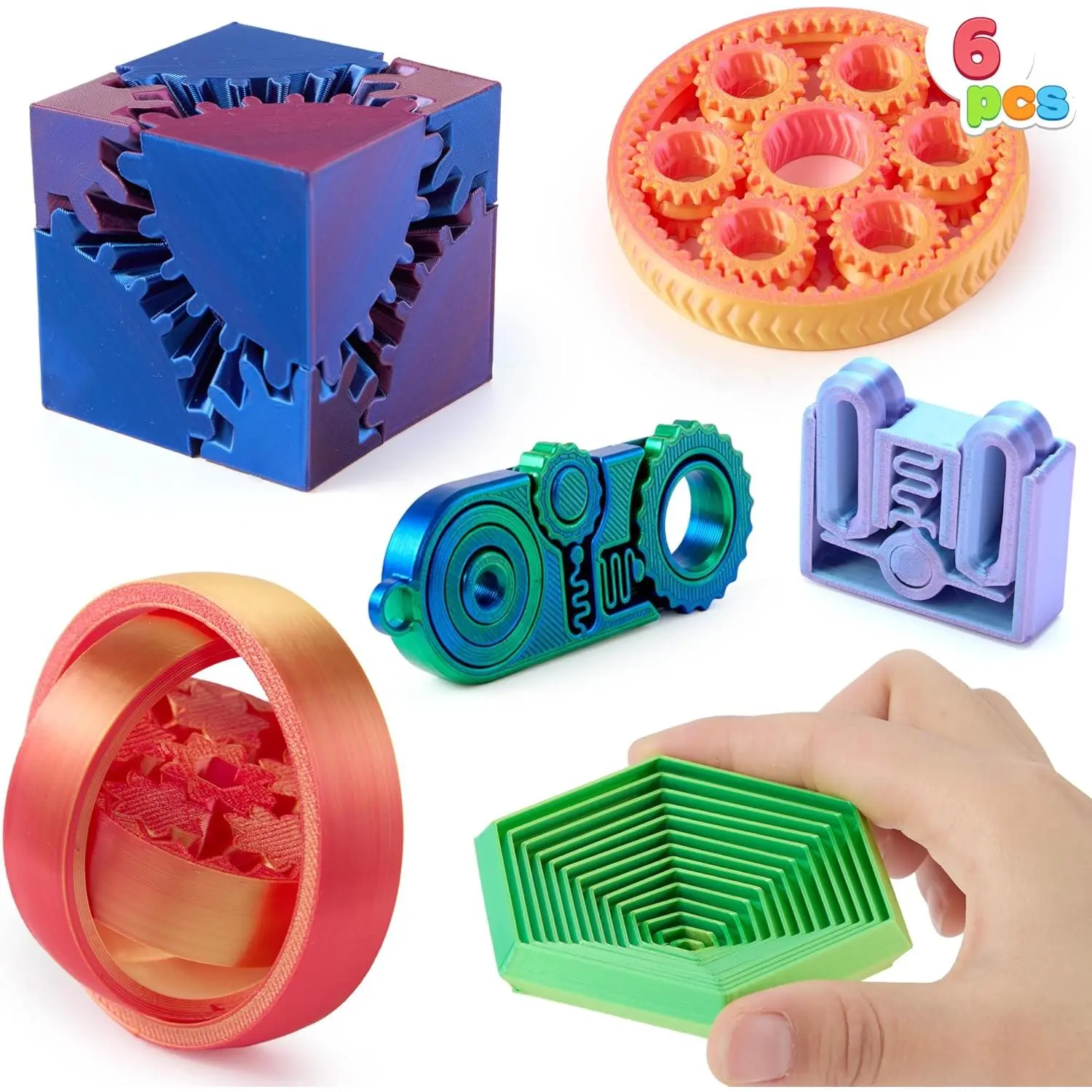 6PCS 3D Printed Fidget Toys, Spin Fractal Click Gear Fidget Toy, Metallic Color 3D Printed Fidget Toy for Favors ADHD, Autism, Kids&Adults, Party Favors, Desktop Deco Giftfidget toys