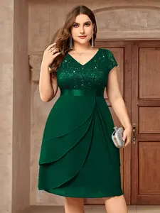 MISSMAY YP23215 Plus Sequin Lace V Neck Ruffle Trim Chiffon Hem Semi Formal Party Swing Dress