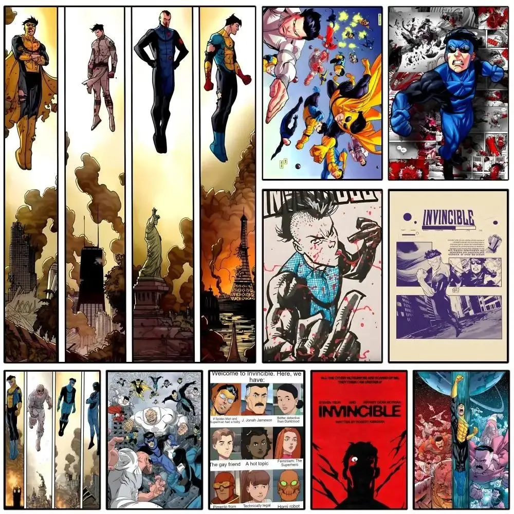 Invincible Comic Canvas Poster Retro Superhero Wall Art Print Vintage Comic Panels Collage Canvas Painting Aesthetic Room Decor Cool Anime Manga Poster for Boys Room Bedroom Living Room Man Cave Wall Decoration Fan Gifts