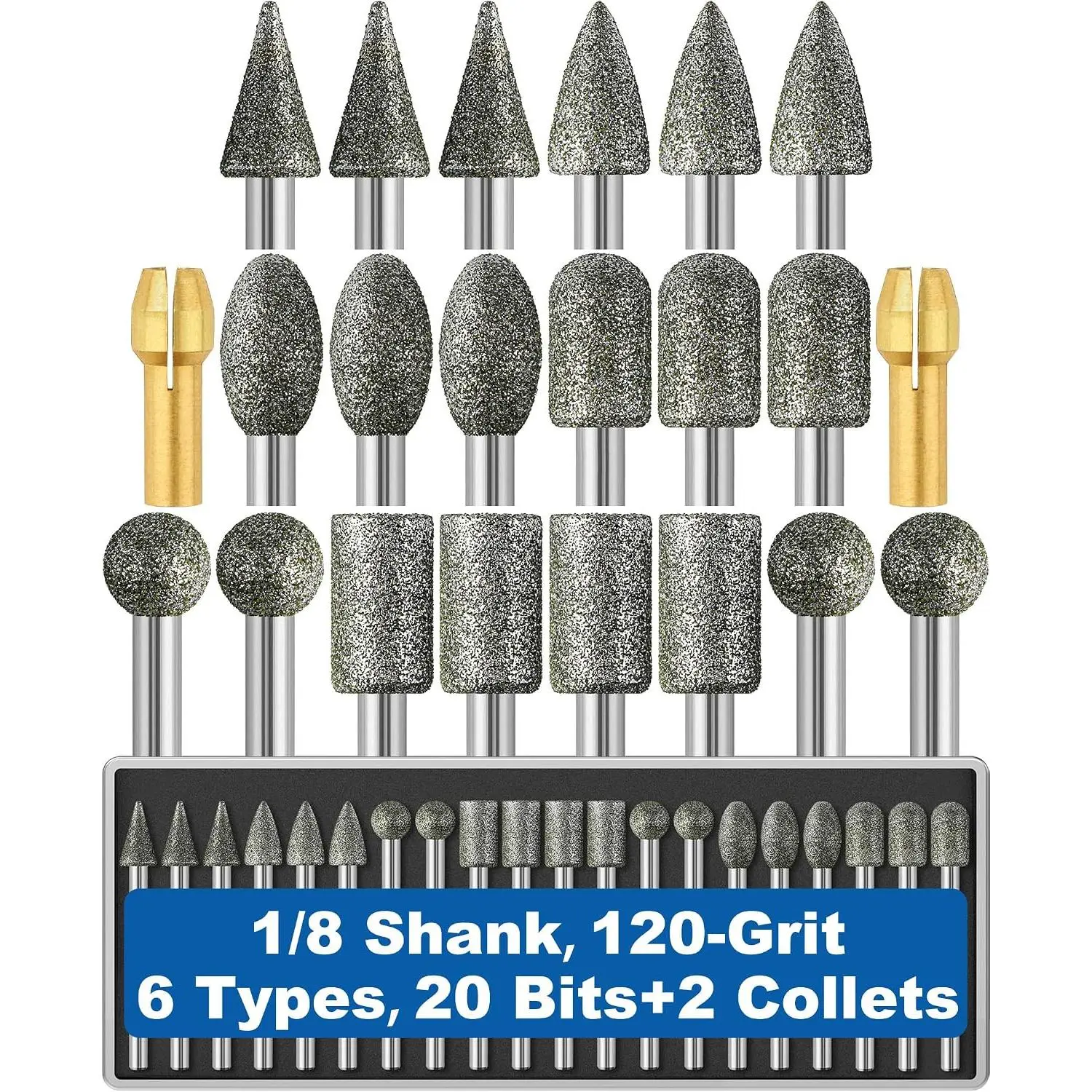 20 count 120-Grit   Bit 1/8" Shank with 2 Collets Compatible with  Rotary Tool Attachment Accessories Grinding Burrs for Stone Glass  Porcelain Ceramic Quartz  Steel Carve