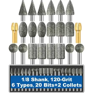 20 count 120-Grit   Bit 1/8" Shank with 2 Collets Compatible with  Rotary Tool Attachment Accessories Grinding Burrs for Stone Glass  Porcelain Ceramic Quartz  Steel Carve