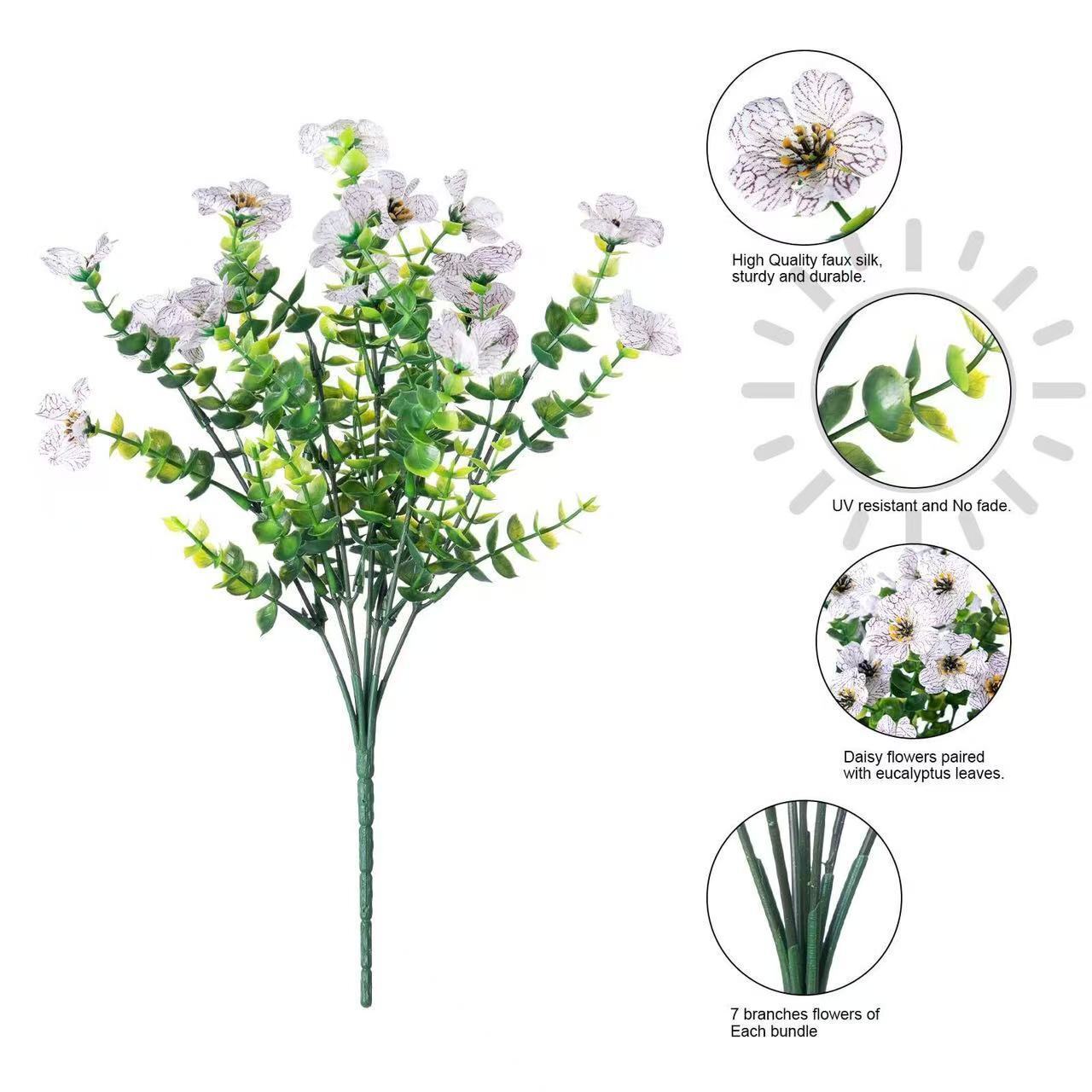 Bestseller: 7-pronged Eucalyptus And Violet Flowers, Faux Green Plant Bundles For Decoration, Artificial Flower Ornaments