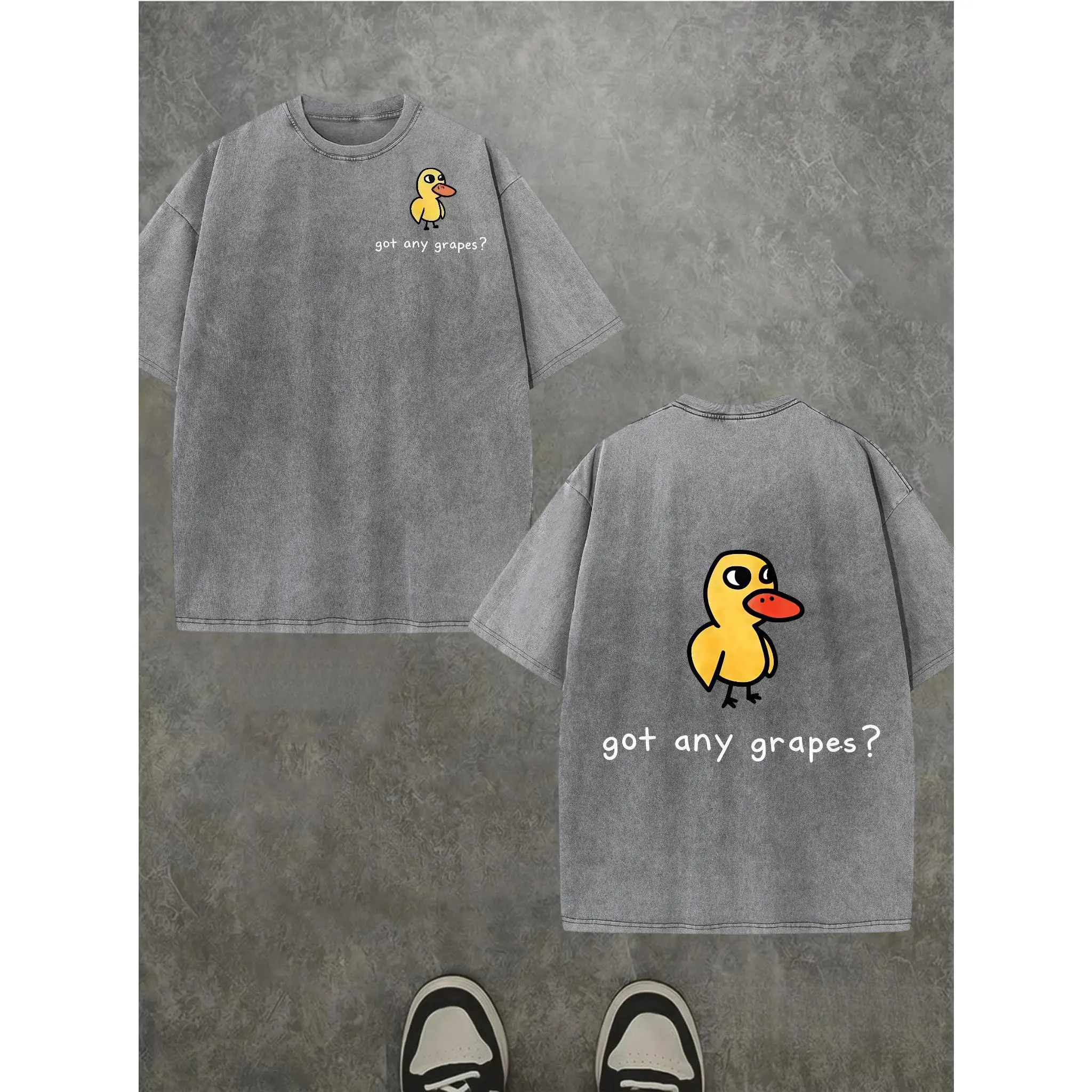 Washed Got Any Grapes Duck Cartoon Double Sided Graphic T-Shirt Funny Meme Streetwear Oversized Short Sleeve Tee 100% Cotton Unisex