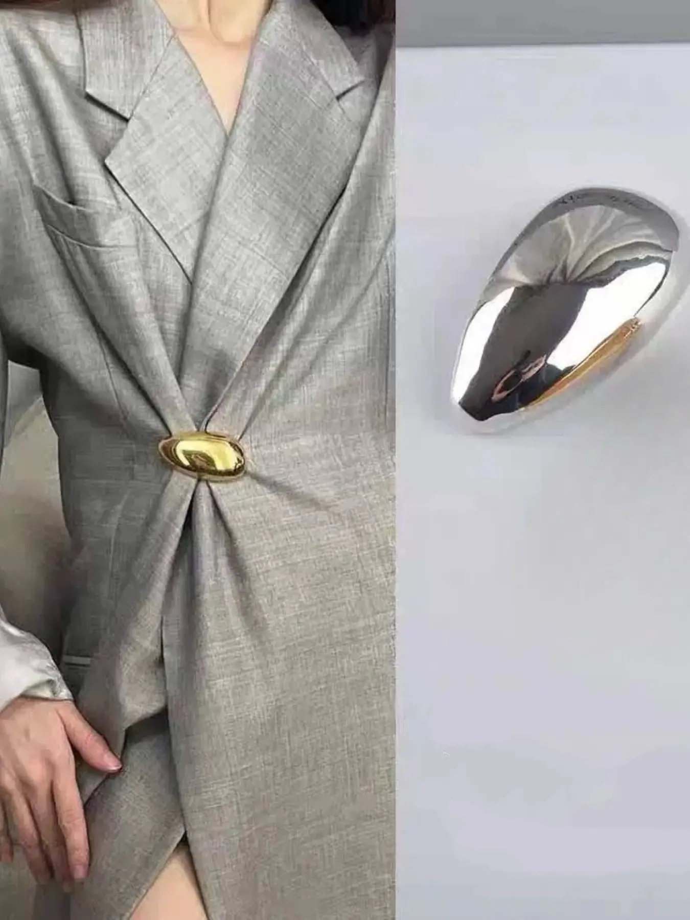 Set of Two Minimalist Metal Brooches, Waist Cinch Pins, Fashionable High-End Suit Jacket Knitwear Pins, Casual Graphic Style