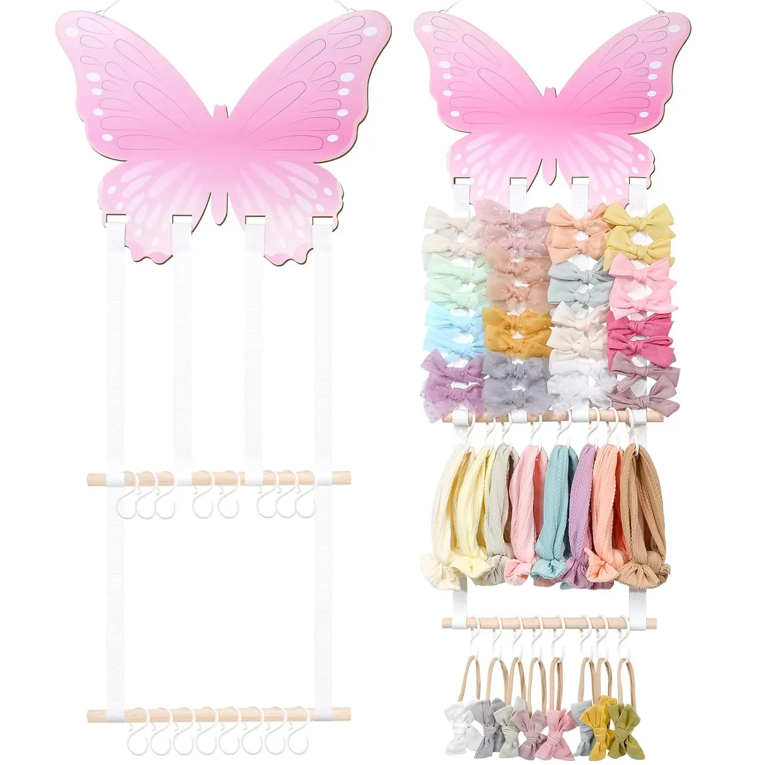 Wooden Headband Holder for Girls - Butterfly Hair Bow Organizer with Durable Hooks, Braided Ropes - Home Organizer Hanger for Nursery, Bedroom Decor, Room Accessories