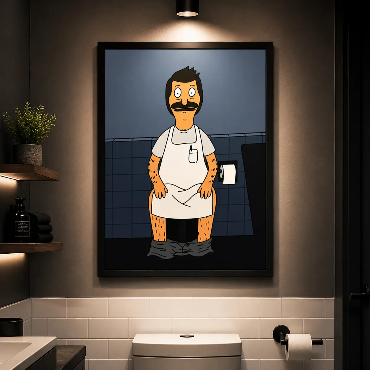 Bob's Burgers Belcher Bathroom Scene Framed Canvas Print - Funny TV Show Wall Art Decor with Bob's Burgers Characters, Ready-to-Hang for Living Room and Bathroom, Abstract Face Design Artwork Funny Bathroom Decor, Cartoon Fan Gift, TV Room Wall Art