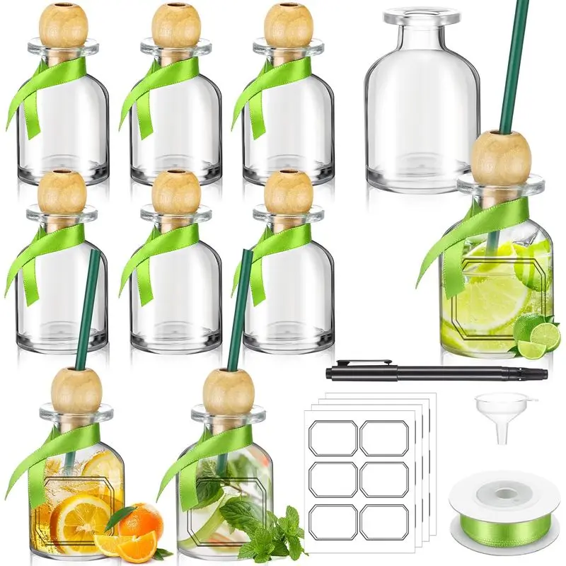 10 Pack Modern Cylindrical Mini Glass Shot Bottles with Cork Stopper and Straw, 2oz 50ml Small Size Home Storage Bottles for Wedding Party Favors, DIY Decorations