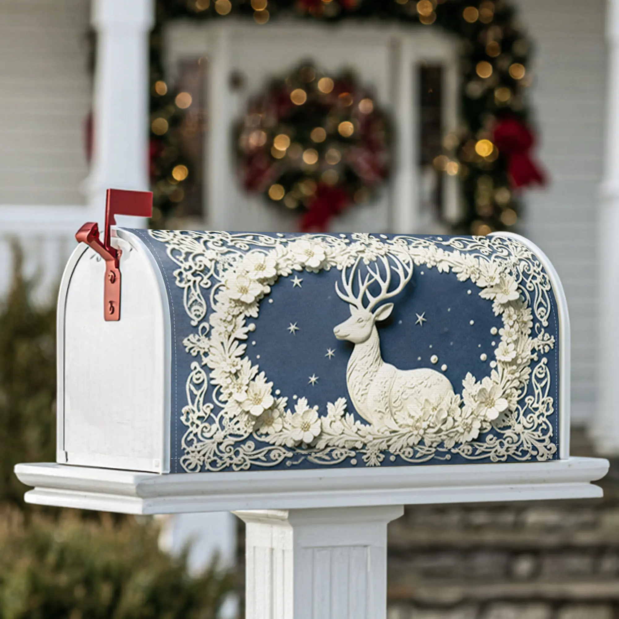 deer Magnetic Mailbox Covers, Christmas rustic floral stars Christmas navy Seasonal Mailbox Cover for Outdoor Garden Decor