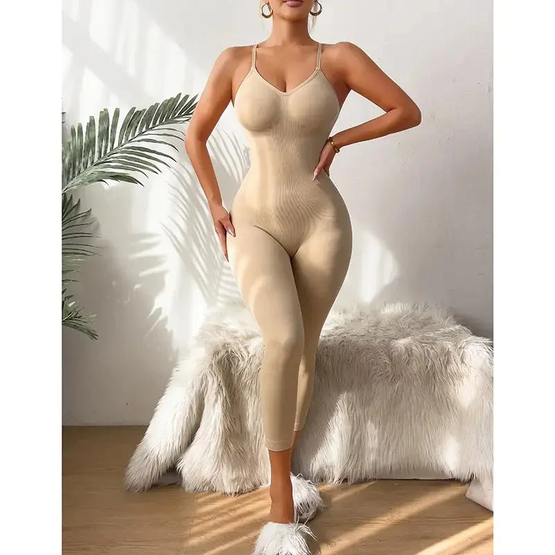 Bestselling New Arrival: Seamless Tummy Control Plus Size Bodysuit - Slimming Jumpsuit with Spaghetti Straps & 7/8 Length Pants, Tight Fit Shapewear
