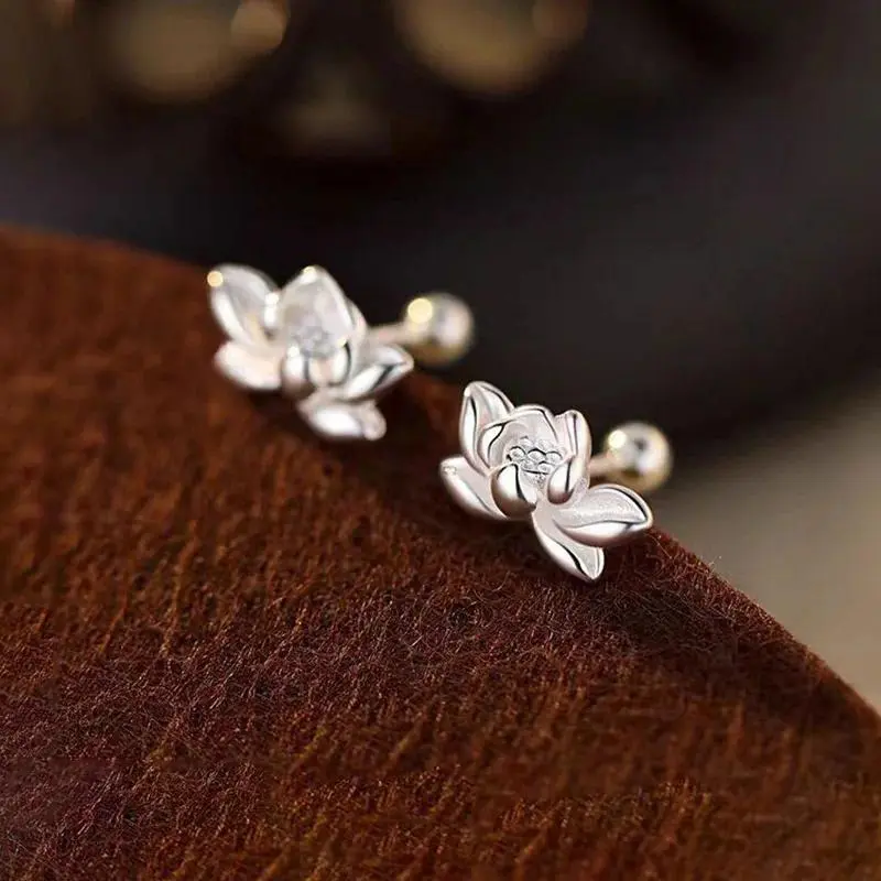 925 Silver Needle Lotus Flower Bead Screw Stud Earrings For Women Party Classic Fine Jewelry Minimalist Light Luxury Accessories