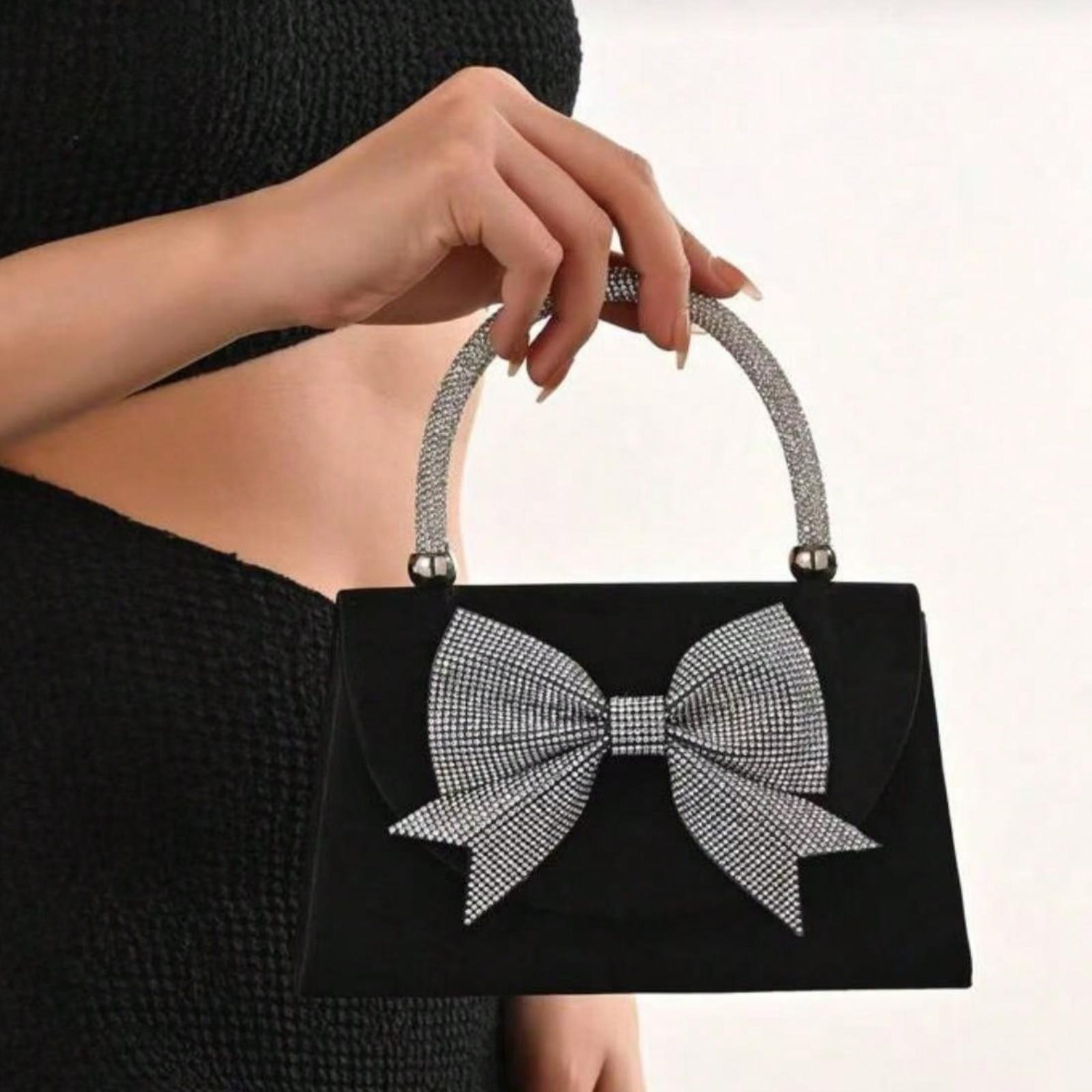Women's European American Fashion Black Satin Flap Clutch Evening Bag, Sparkling Elegant Bowknot Rhinestone Decor Party Handbag, Luxury Satin Formal Dress Crossbody Bag, Chain Shoulder Bag Suitable For Banquet, Party, Birthday, Wedding