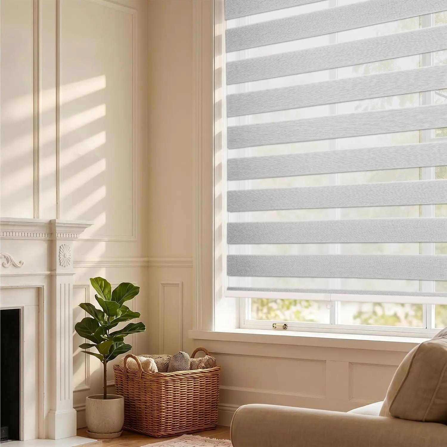 Light Filtering Blinds, White, 40" W x 48" H| Privacy & Light,-Look Woven, Dual-Layer Roller Shades for Living Room/Home Office