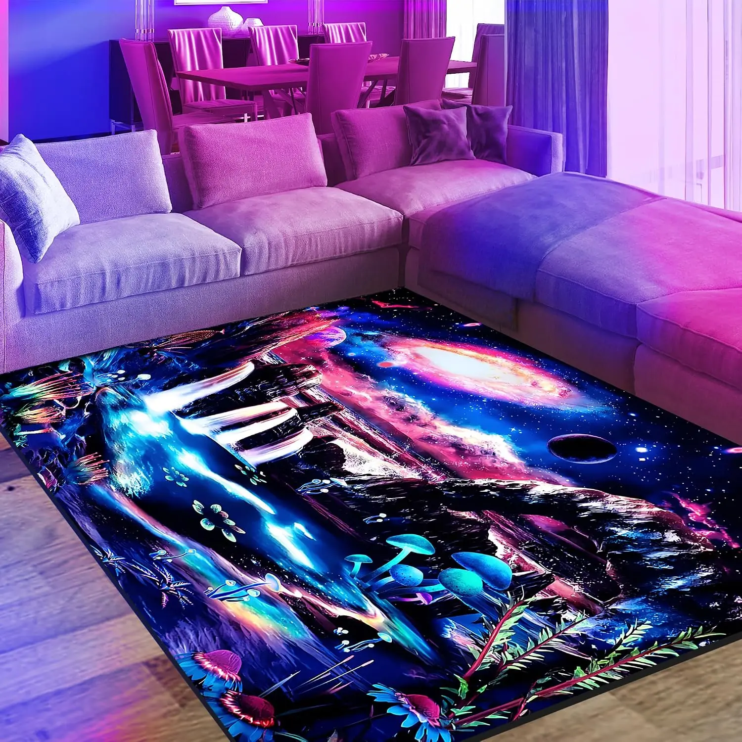 Blacklight Galaxy Area Rug, Neon UV Reactive Space  Throw Rug, Non-Slip Waterfall Mushroom Mountain Wave Landscape Floor Mat Carpet, Fluorescent Fantasy Decor for  Bed Room 70x47inch