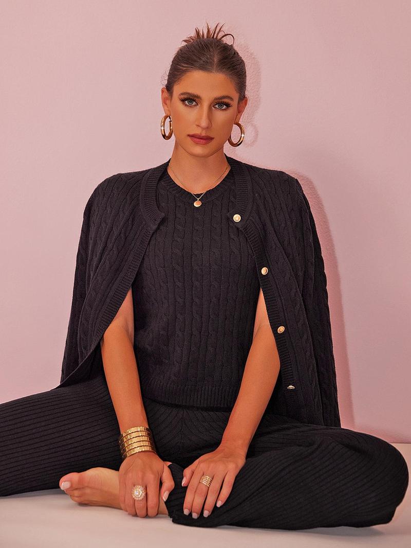 Joyfunear Women's Cable Knit Sweater Set: Crew Neck Pullover & Button - Up Cardigan