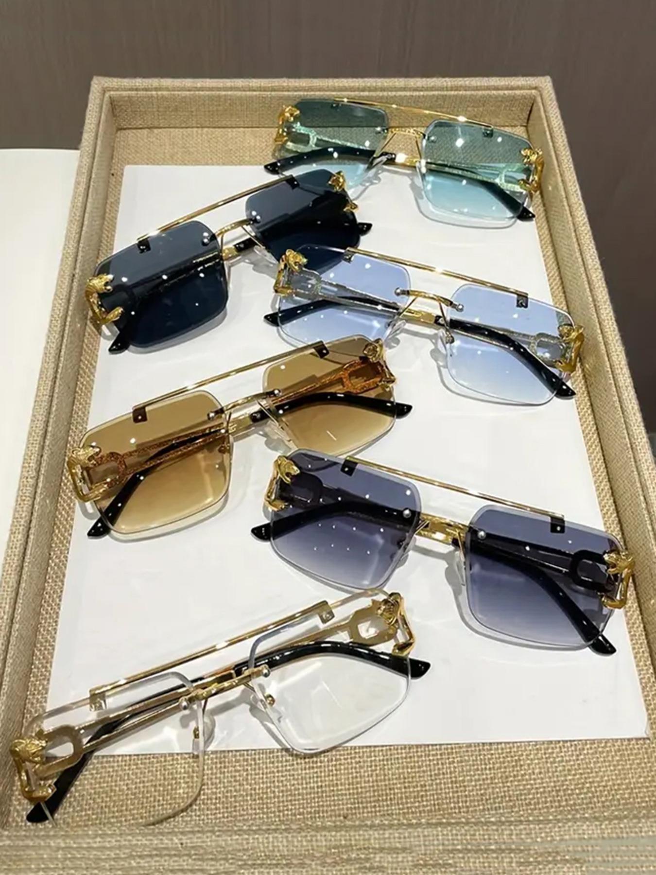 Cool Men's Metal Rimless Sunglasses, Trendy Casual Tinted Lens Frames Sunglasses for Everyday Use, Fashion Eyeglass Accessories for Outdoor Activities, Rimless Shades