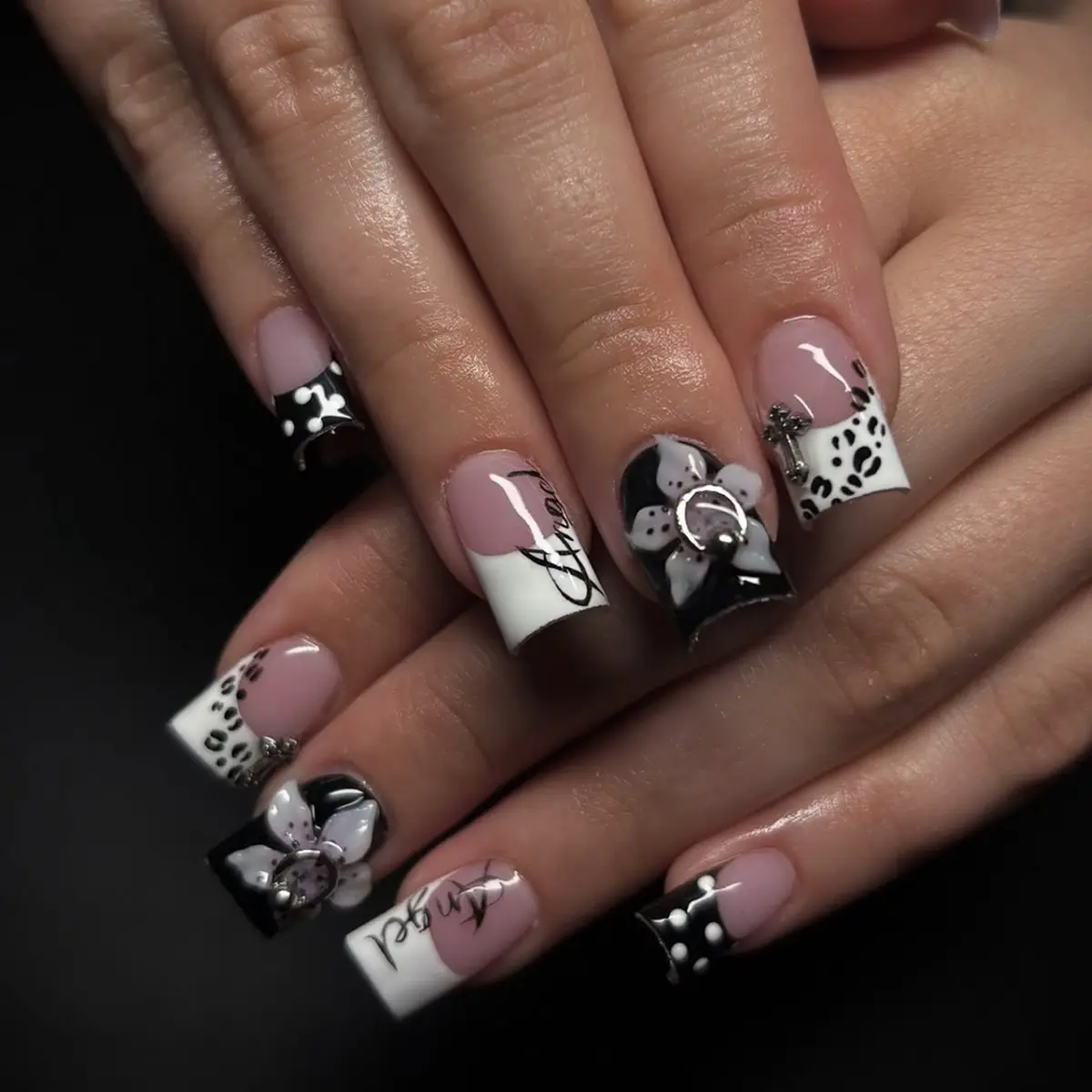 Dark Edgy Y2K Style Square Press On Nails 3D Gel nails Floral Accents, Retro-Cool Black White Classic French Tips, Unique "Nose Ring" Design, Leopard Print & Polka Dots  Reusable Acrylic fake Nails (Ideal for Music Festivals Parties)