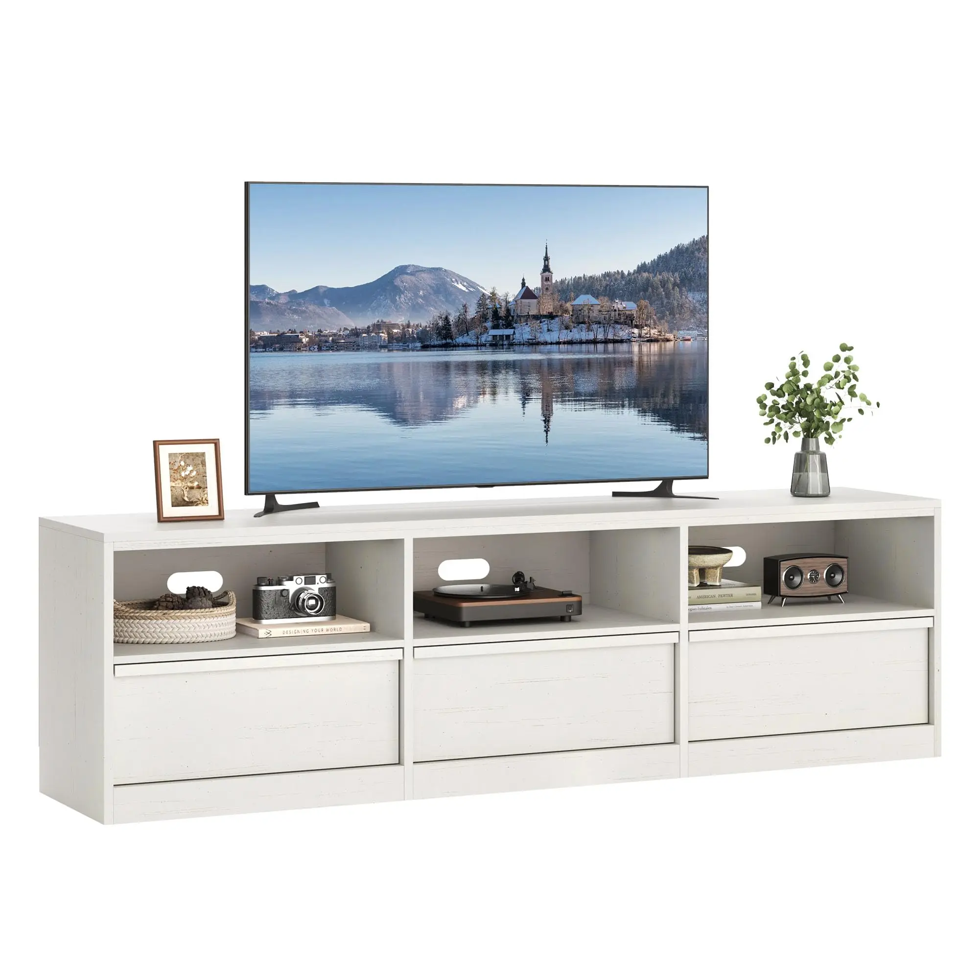 Garvee 70 Inch Mid-Century Modern Entertainment Center with 3 Drawers and Open Shelves - Heavy Duty Media Console for 65 to 75 Inch Screens, Gray and White Living Room Cabinet