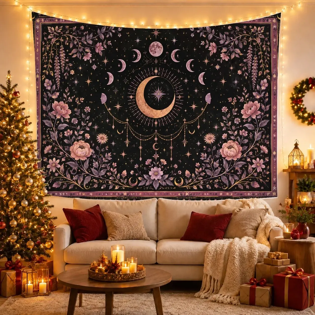 Golden Crescent Moon & Floral Night Sky Against Deep Black Background, Mystical Celestial for Space Lovers, Botanical Wall Art, Birthday Gift, Tapestry Wall Hanging for Bedroom and Dorm