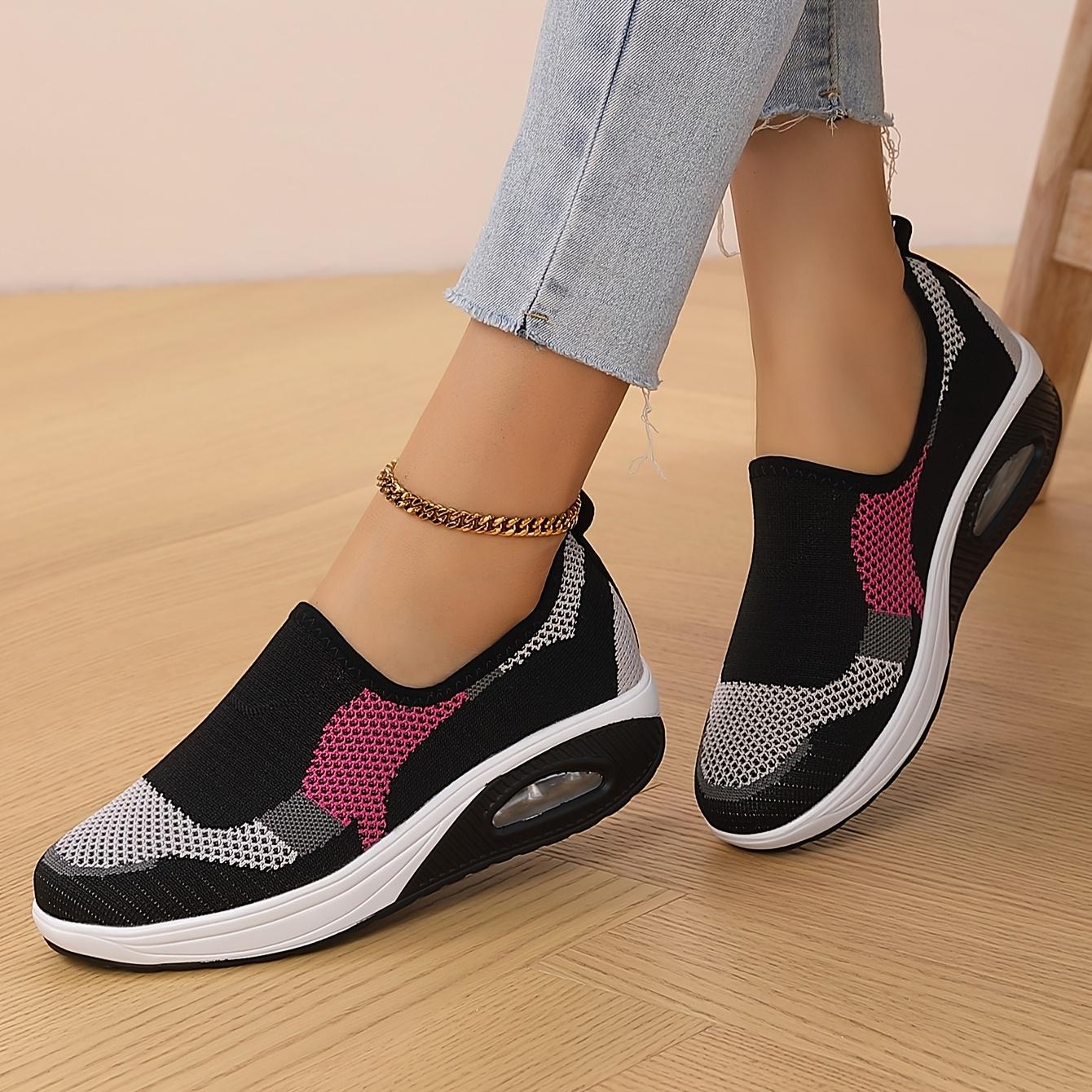 Women's Lightweight Knit Sneakers - Air Cushion, Breathable, Comfortable for All-Season Casual Running (Black/Pink/Gray)
