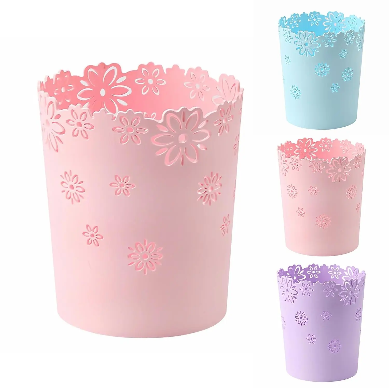 Small Pink Trash can 1.8 Gallons Bedroom Wastebasket Garbage Can | Room Decor Hollow Flower Shape Plastic Waste Basket for Bathroom,Vanity,Kitchen,Home Office,College Dormitory, Pink Medium
