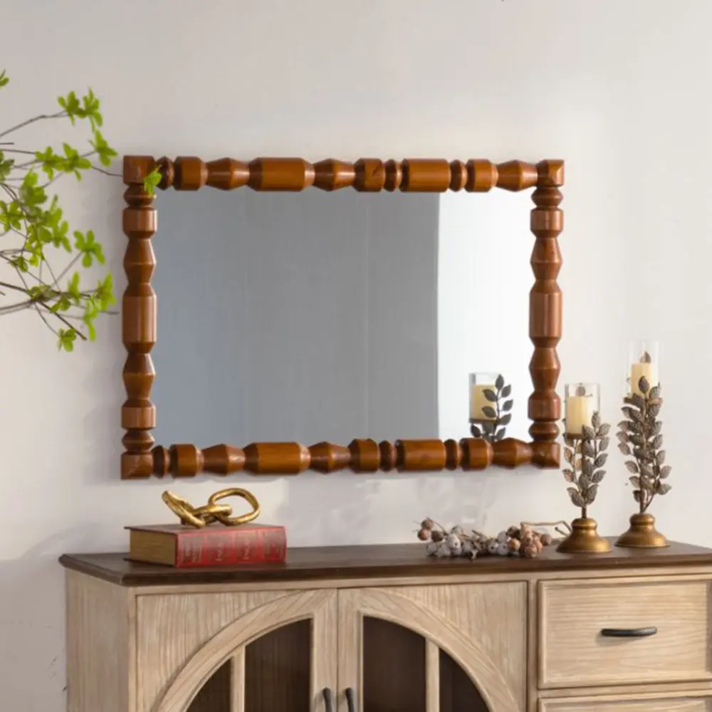 Vintage Wooden Carved Wall Mirror, Antique Decorative Column Frame Mirror for Living Room Entryway Bedroom, Retro Farmhouse Wall Decor, Elegant Ornamental Accent Mirror, Classic French Style Hanging Mirror for Home Decoration