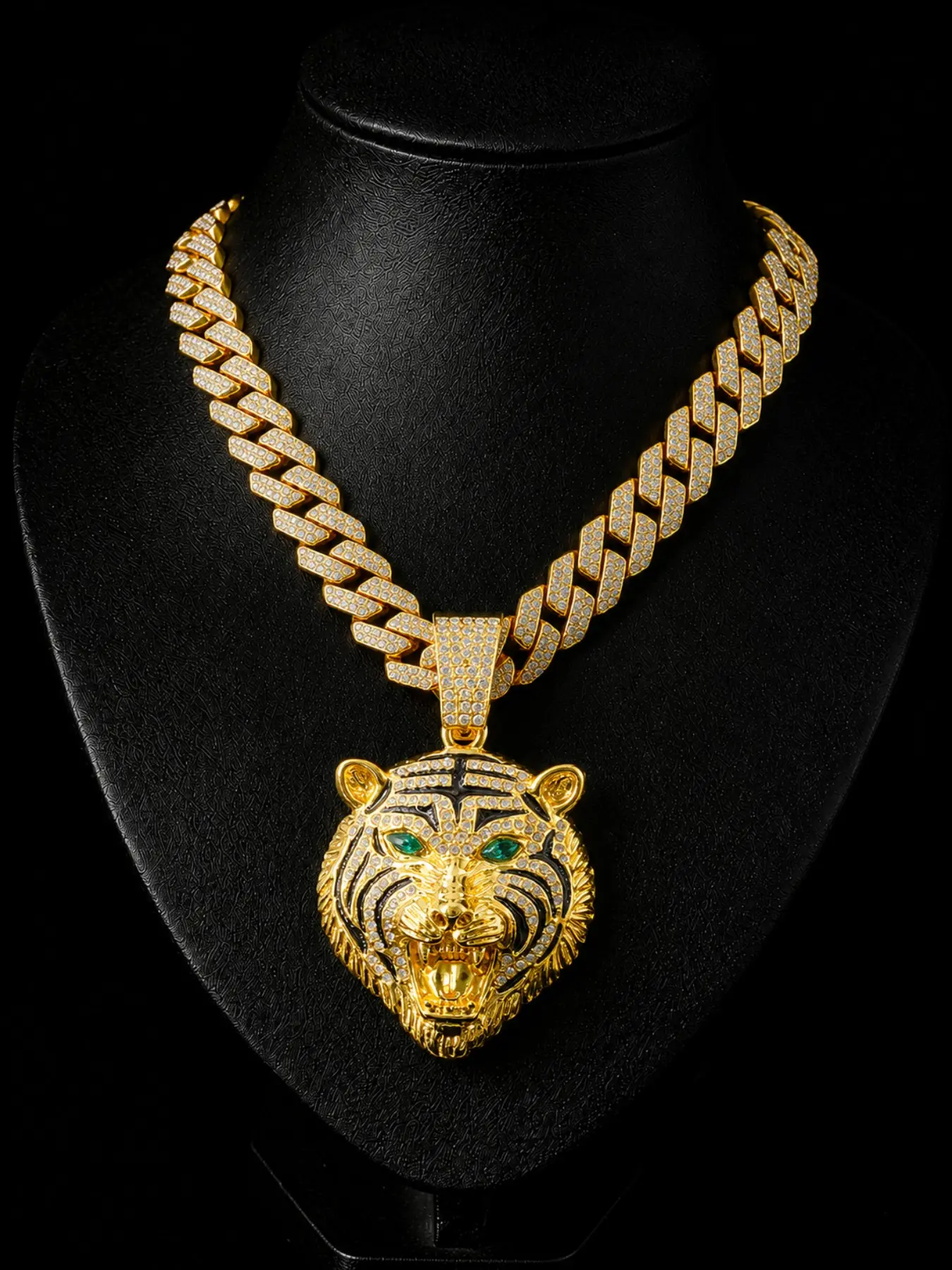 Men's Hip-Hop Tiger Head Pendant Necklace, Cuban Chain Rhinestone Fashion Jewelry, Street Style Unique Necklace, All Seasons Wear