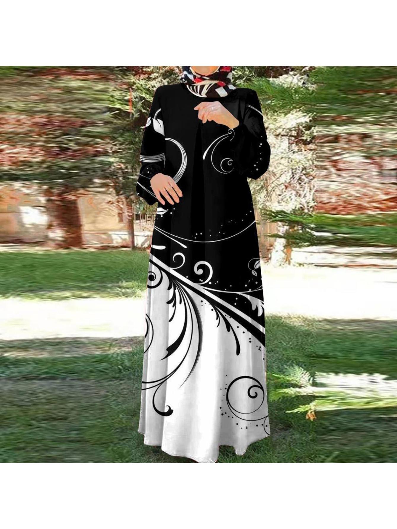 Women's Beige Embroidered Maxi Dress Long Sleeve Modest Muslim Casual Summer Vacation Outfit