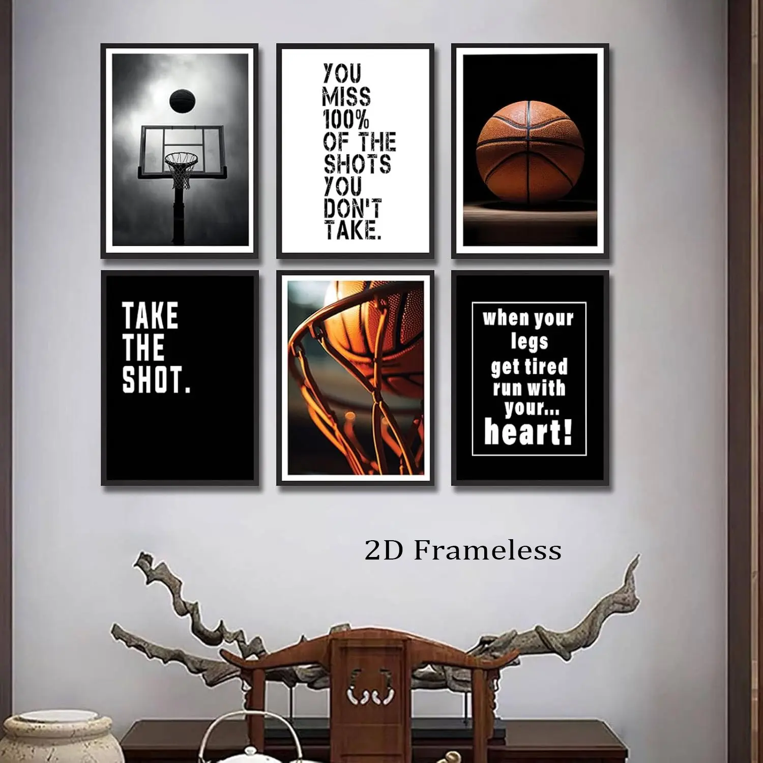 Set of 6 Basketball Canvas Wall Art Set, Inspirational Wall Art, Inspiring sports-themed artwork and wall decor, Wall Prints, black-and-white basketball motivational quote posters, perfect for decorating teenage boys' and children's rooms, 2D, Unframed
