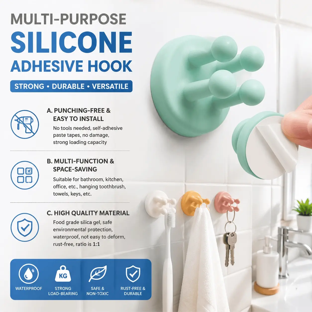 Multi-Function Silicone Adhesive Hooks - 2-Pack Non-Slip Wall Mount, Bathroom & Kitchen Organizer for Toothbrush Keys Cables Office Storage.