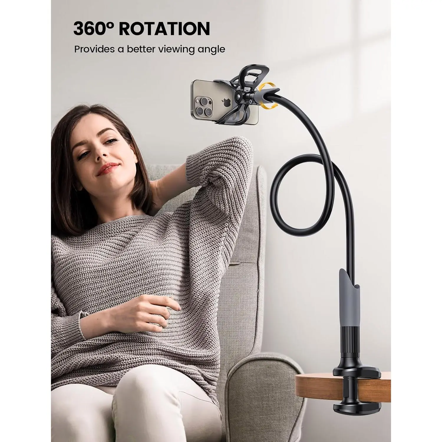 Gooseneck Phone Holder for Bed - Cell Phone Mount Clamp Clip, Flexible Long Arm, Overhead Mount for Desk Headboard Bedside, Gifts for iPhone Air 17 Pro Max, 16 15 14 Pro Max and 4-7" Phone