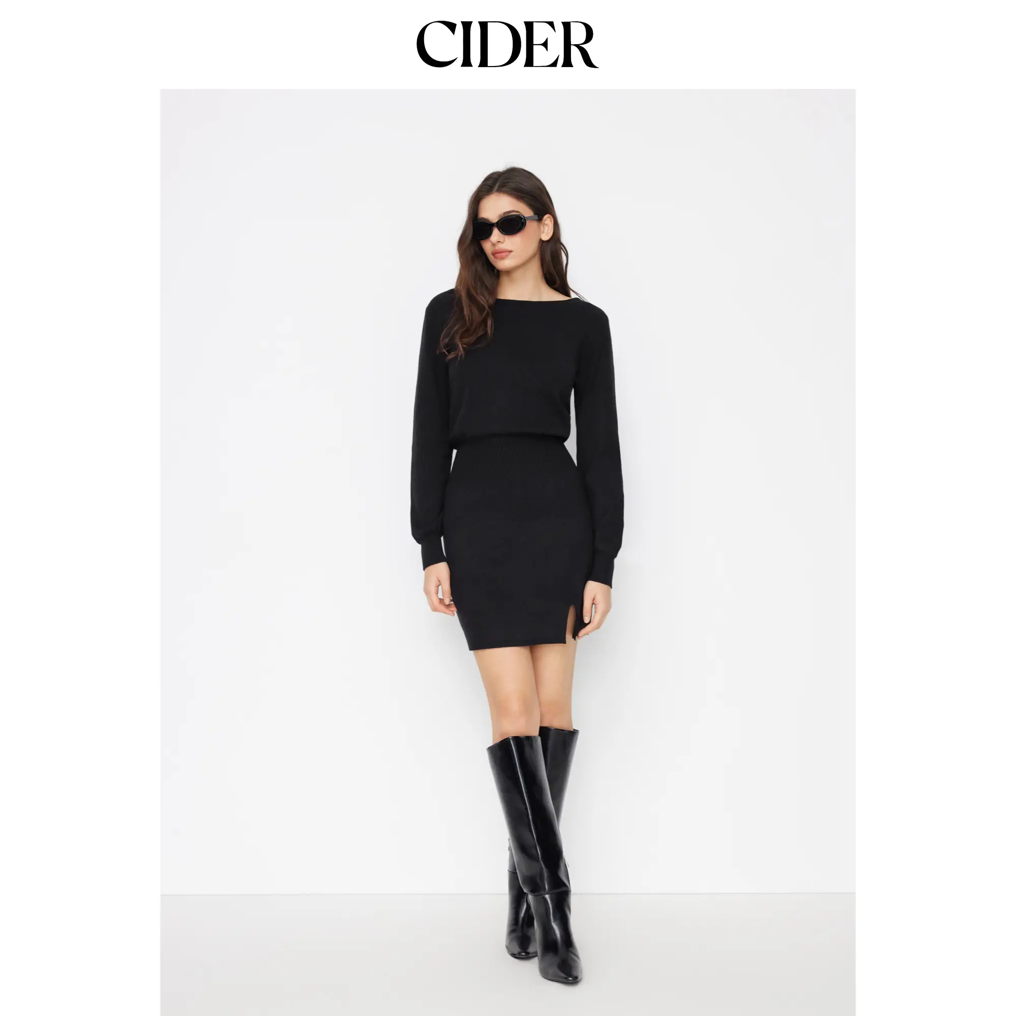 Cider Knit Boat Neck Long Sleeve Split Mini Dress SohoChic