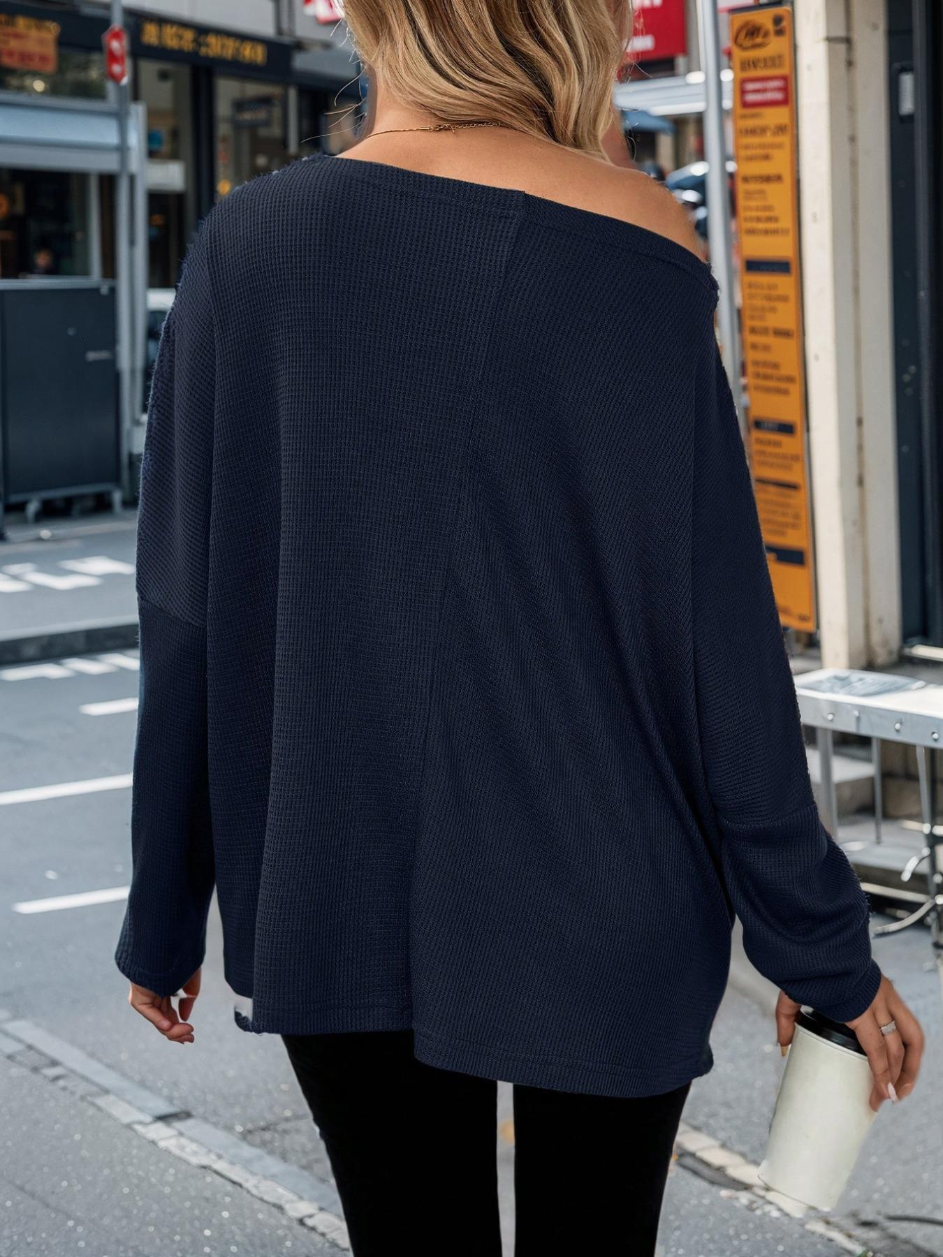 Women's Plain Textured Batwing Sleeve Tee, Casual Drop Shoulder Long Sleeve T-shirt for Spring & Fall, Women's Top for Daily Wear, Casual Breathable Top