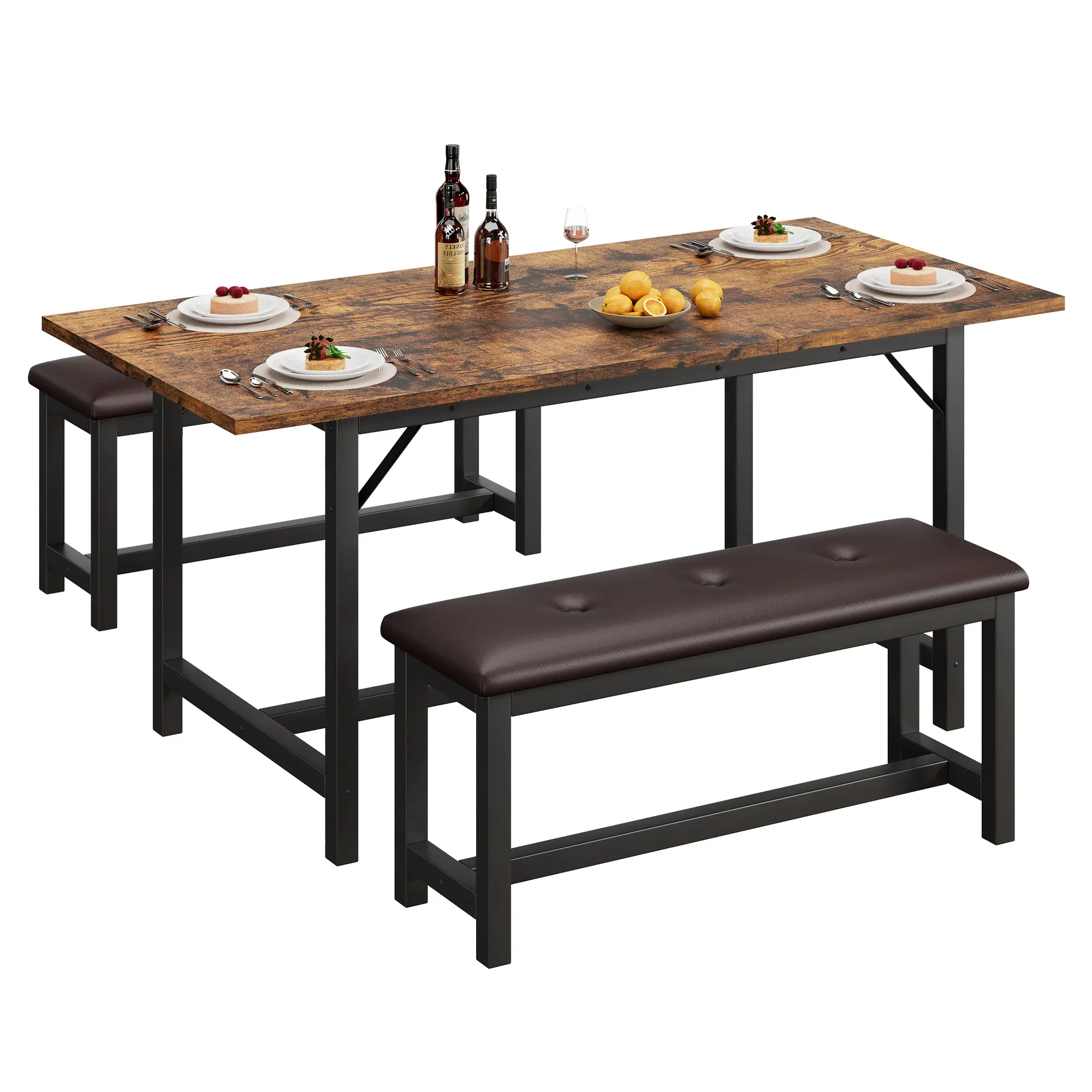 Extendable Dining Table Set for 4-6 – 3-Piece Kitchen Dining Set with 2 Upholstered Benches – Space-Saving Large Rectangle Table – Durable Metal Frame