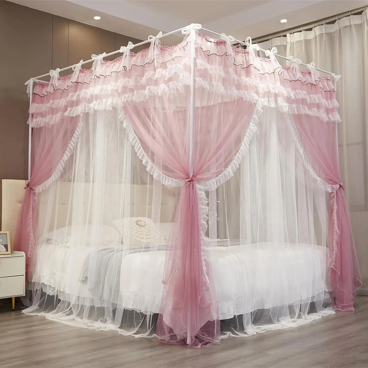 Bed Layer 4 Corners Post Lace Up Ruffle Drape Netting 4 Opening Net for Girls Bedroom Decoration (Pink/White, 53" W*78" L*82" H/Full)