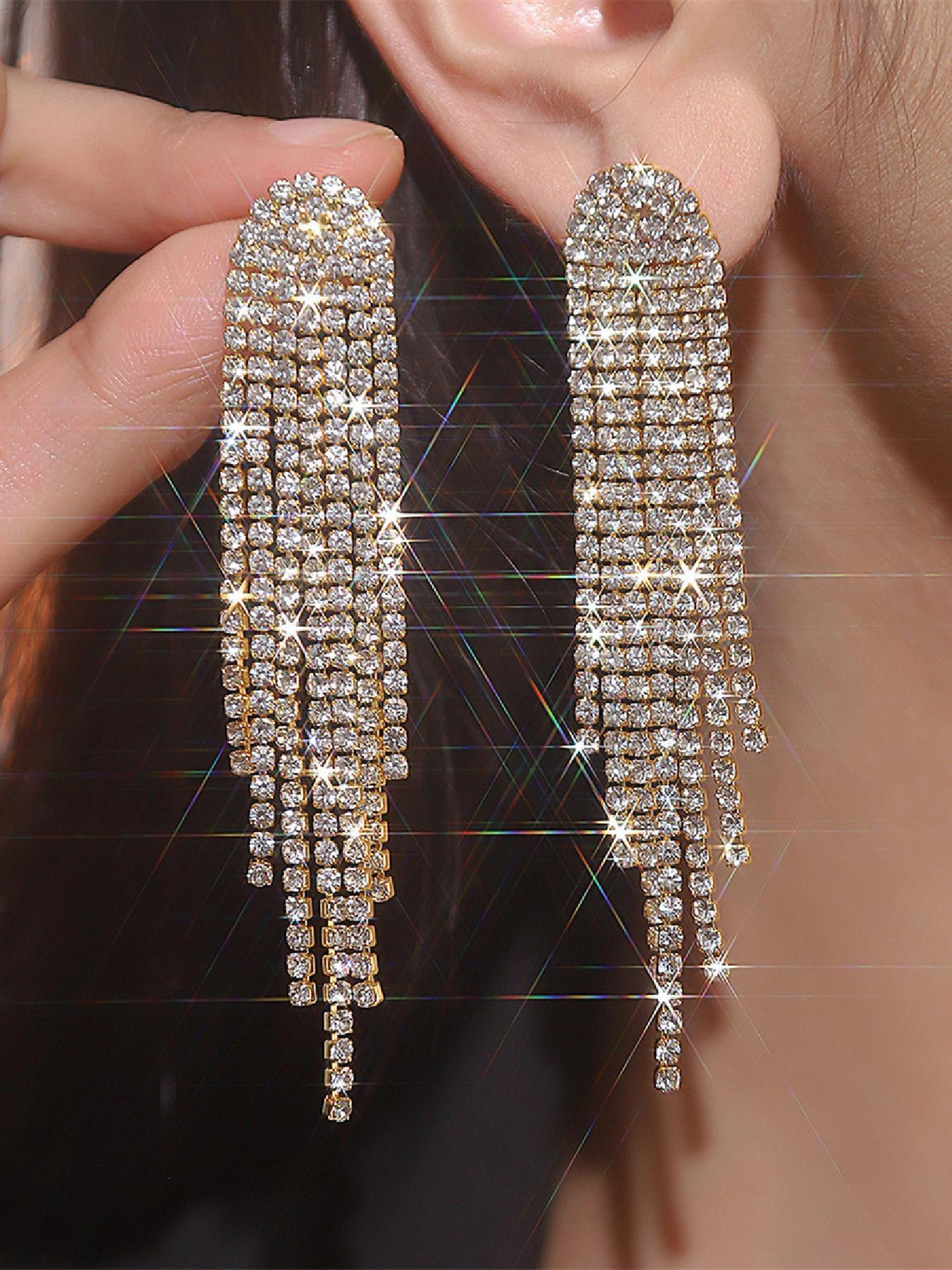 Rhinestone Decorated Earrings, Statement Earrings, Fashionable Long Tassel Earrings for Party, Daily Clothing Decor, Trendy All-match & Exquisite Jewelry for Birthday Gift